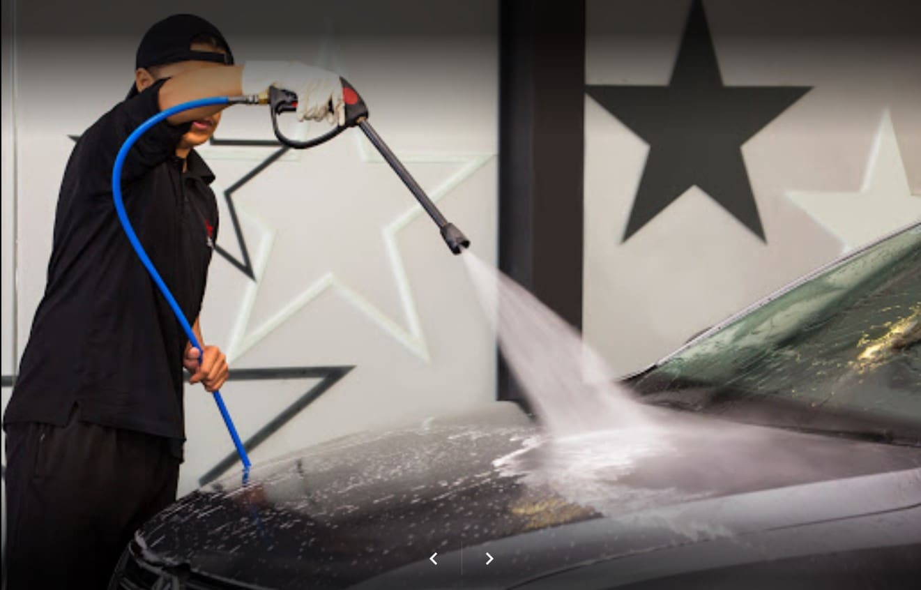 Man washing hood of car